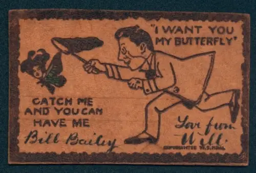 Leder-AK Mann jagt einen Schmetterling mit hübschem Damengesicht