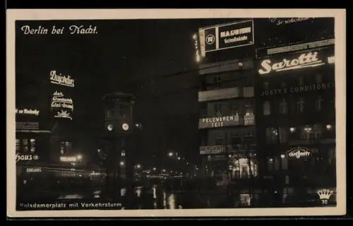 AK Berlin-Tiergarten, Potsdamerplatz mit Geschäftshäusern und Verkehrsturm bei Nacht