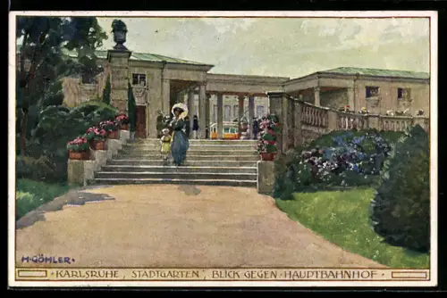 Künstler-AK H. Göhler: Karlsruhe, Stadtgarten, Blick zum Hauptbahnhof