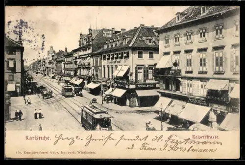 AK Karlsruhe, Kaiserstrasse mit Geschäften und Strassenbahn