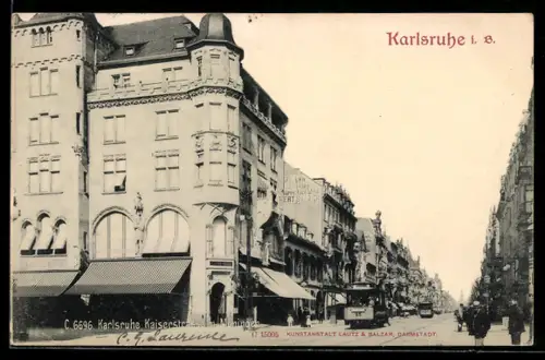 AK Karlsruhe, Kaiserstrasse mit Moninger