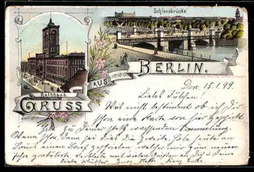 Lithographie Berlin, Rathaus, Schlossbrücke