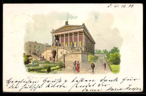 Lithographie Berlin, Nationalgalerie mit Passanten