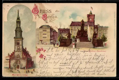 Lithographie Berlin, Marienkirche, Luther-Denkmal, Neuer Markt