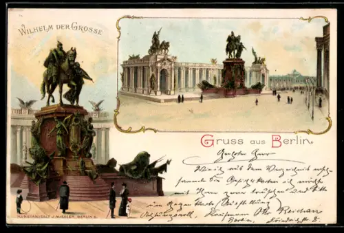 Lithographie Berlin, 100. Geburtstagsfeier Kaiser Wilhelm I. 1897, Kaiser-Wilhelm-Denkmal, Schlossplatz