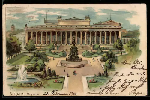 Lithographie Berlin, Altes Museum mit Denkmal und Fontäne