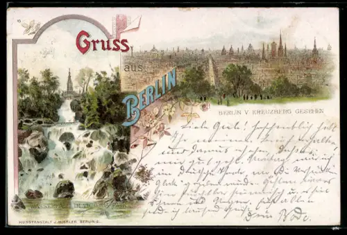 Lithographie Berlin, Wasserfall im Viktoriapark, Stadtansicht von Kreuzberg aus