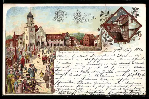 Lithographie Alt-Berlin, Platz vor dem Berliner Rathaus, Häuser bei Mondschein