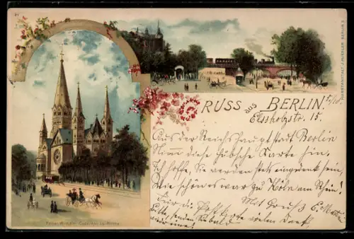 Lithographie Berlin-Charlottenburg, Kaiser Wilhelm-Gedächtnis-Kirche, Bahnhof