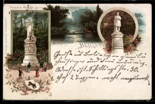 Lithographie Berlin-Tiergarten, Denkmal Königin Luise, Denkmal Friedrich Wilhelm III., Löwenbrücke