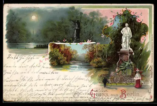 Lithographie Berlin-Tiergarten, Goethe Denkmal, Löwenbrücke, Goldfischteich bei Nacht