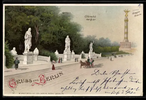 AK Berlin-Tiergarten, Sieges-Säule, Siegesallee mit Denkmal Otto II., Otto I. & Albrecht der Bär