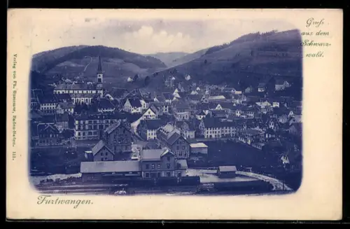 AK Furtwangen, Ortspartie mit Bahnhof und Eisenbahn