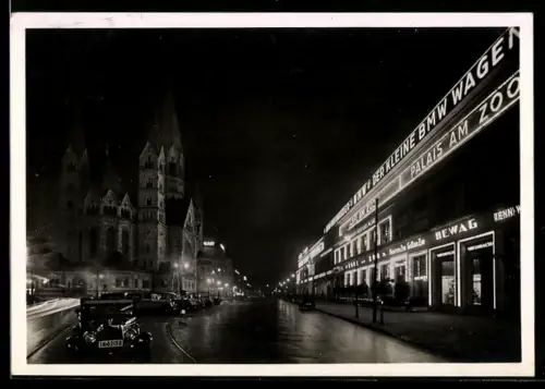 AK Berlin-Charlottenburg, Budapester Strasse bei Nacht, Kaiser Wilhelm-Gedächtnis-Kirche