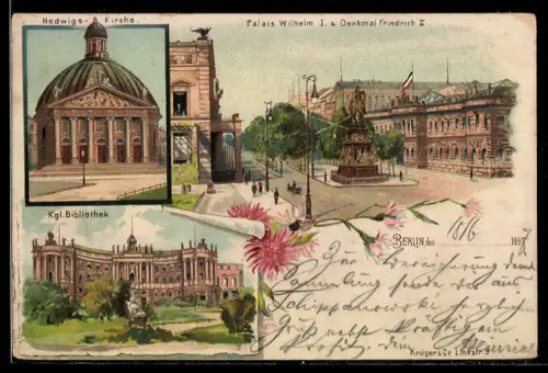 Lithographie Berlin, Hedwigs-Kirche, Palais Wilhelm I. & Denkmal Friedrich II.