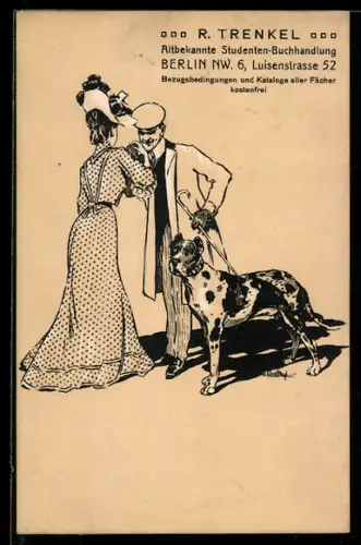 Künstler-AK Berlin, Studenten-Buchhandlung R. Trenkel, Luisenstrasse 52, Paar mit Hund