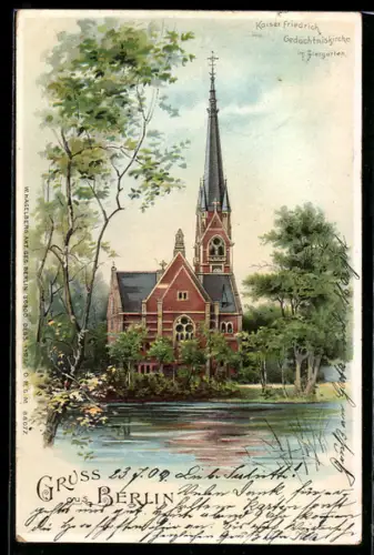Lithographie Berlin, Kaiser Friedrich-Gedächtniskirche im Tiergarten