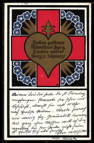 AK Liebes, goldnes Münchener Herz, lindre weiter Sorg und Schmerz, Rotes Kreuz
