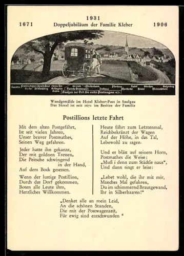 AK Postillons letzte Fahrt, Doppeljubiläum der Familie Kleber 1906, Postkutsche