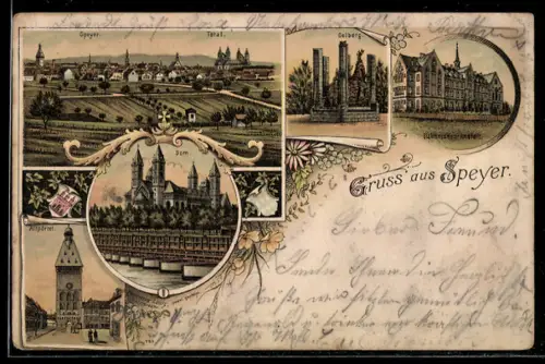 Lithographie Speyer, Diakonissen-Anstalt, Dom, Oelberg