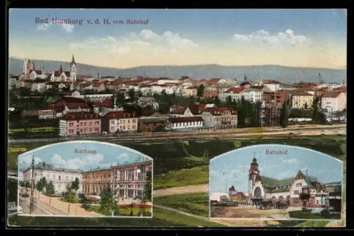 AK Bad Homburg, Ortsansicht vom Bahnhof aus, Bahnhof und Kurhaus