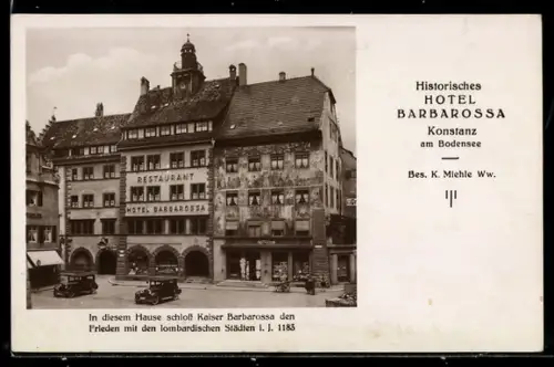 AK Konstanz am Bodensee, Hotel Barbarossa, Bes.: K. Miehle Ww.
