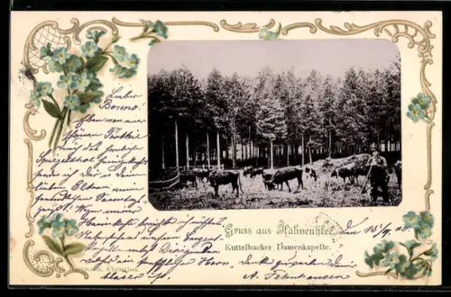 Foto-Collage-AK Hahnenklee, Bauer mit Kühen, Vergissmeinnicht im Passepartout