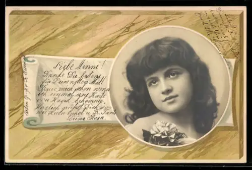 Foto-Collage-AK Portrait eines Mädchens mit Rose, Passepartout im Marmor-Stil