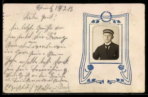 Foto-Collage-AK Portrait eines Studenten mit Mütze, Passepartout im Jugendstil