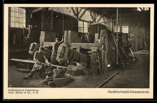 AK Kapfenberg, Fabrikarbeiter im Gussstahlwerk am Herdfrischstahl-Hammerwerk