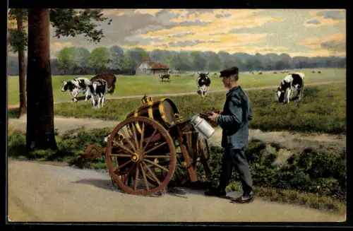 AK Maarssen, Milchmann vor einer Weide mit Kühen