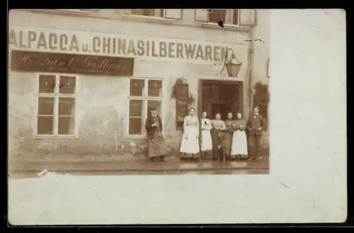 Foto-AK Alpacca- und Chinasilberwarengeschäft in der Aussenansicht im Jahr 1903