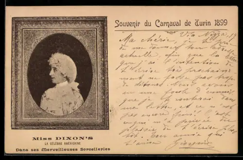 AK Turin, Carnaval 1899, Portrait de Miss Dixon, la célèbre Américaine