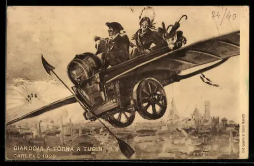 AK Turin, Carlevé 1926, Menschen fliegen in einem Flugzeug mit Bierfass, Fasching