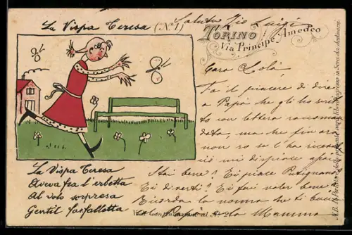 AK Torino, Mädchen jagt einen Schmetterling, Karneval