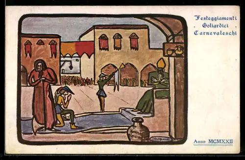 AK Festeggiamenti Goliardici Carnevaleschi 1922, Mann kniet neben Henker vor einem Monarchen