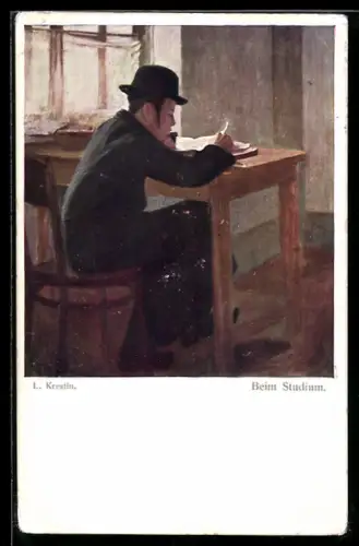 Künstler-AK sign. L. Krestin: Beim Studium, Junger Mann liest in einem Buch