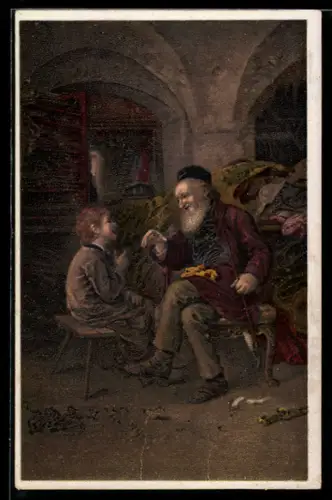 AK Lumpensammler Pfeife rauchend, im Gespräch mit Jungen