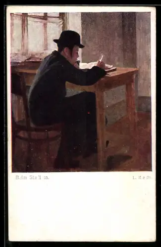 Künstler-AK sign. L. Krestin: Beim Studium, Junge mit Hut über einem Buch