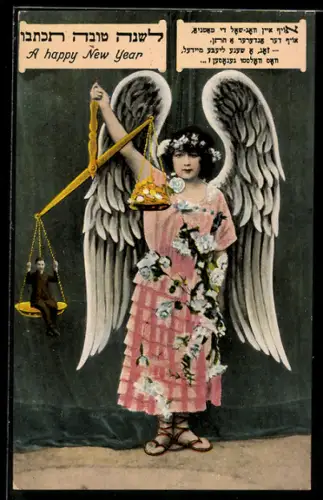 AK Engel mit einer Waage und Blumen