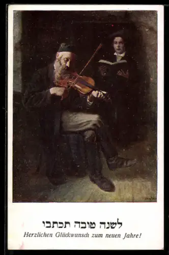 AK Jüdischer Violinenspieler auf einem Stuhl, Neujahrsgruss