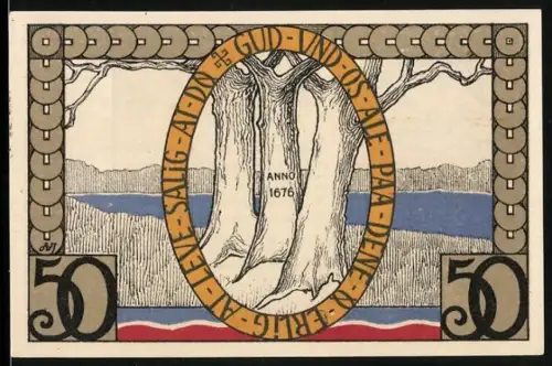 Notgeld Augustenburg 1920, 50 Pfennig, Bäume und Wappen mit zwei Löwen
