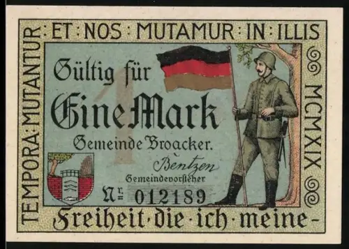 Notgeld Broacker 1919, 1 Mark, Soldat mit Flagge und Segelboot auf See mit Sonne und dänischer Flagge