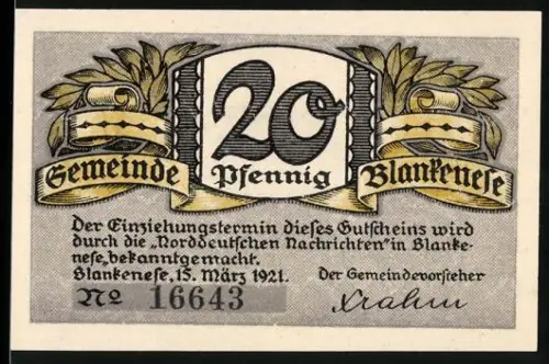 Notgeld Blankenese 1921, 20 Pfennig, Küstenlandschaft mit Schiff und Segelboot