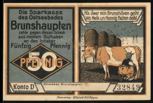 Notgeld Brunshaupten, 50 Pfennig, Kuh mit Imker und Bauerngehöft