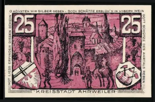 Notgeld Ahrweiler 1921, 25 Pfennig, historische Stadtszene und Konrad von Blankart