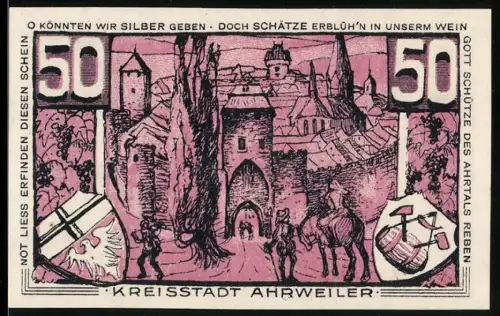 Notgeld Ahrweiler 1921, 50 Pfennig, Ortsansicht mit Tor und Konrad von Blankart 1561