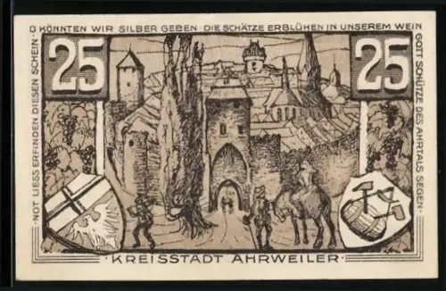 Notgeld Ahrweiler 1921, 25 Pfennig, mittelalterliche Ortsansicht und Konrad von Blankart