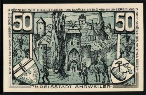 Notgeld Ahrweiler 1921, 50 Pfennig, Ortsansicht und Konrad von Blankart Abbildung