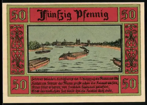 Notgeld Aken /Elbe 1921, 50 Pfennig, Flusslandschaft mit Booten und Ortsansicht, Wappen mit Türmen und Ritter
